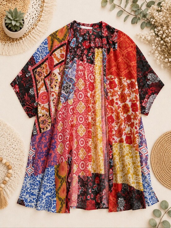 Other - Bright Patchwork Mixed Print Resort Wear Beach Open Front Drape/kimono One Size